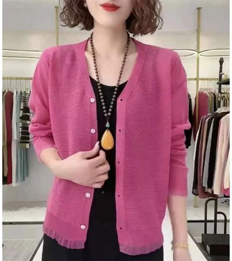 2024 Summer Thin Cool Coat Silk Small Batch Shoulder Air Conditioning Sunscreen Fashion Solid Color Knit Cardigan Loose Top