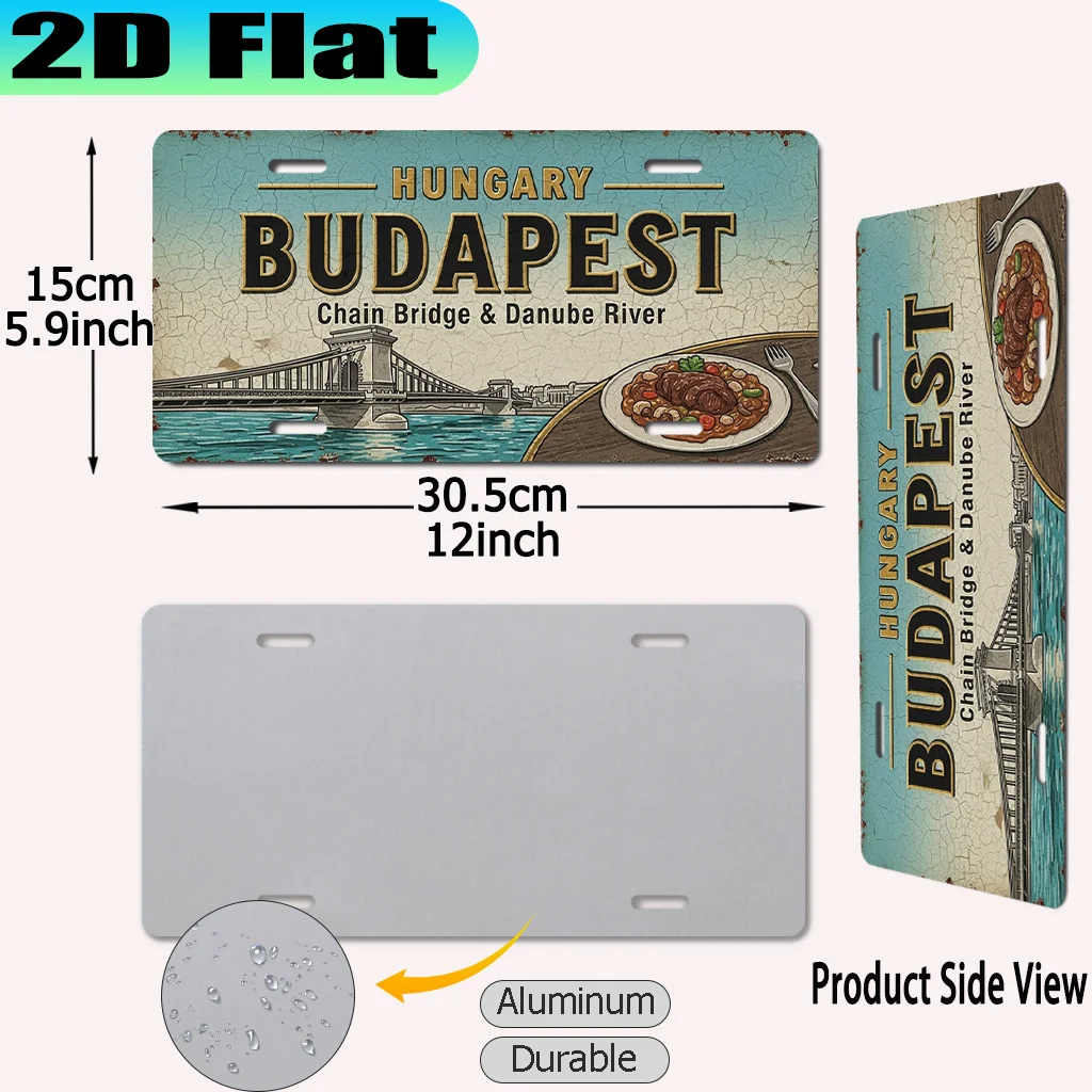 2D Flat - 【2D Flat】 2D Flat - [2D Flat] 1pc Budapest Danube Bridge Vintage Aluminum Sign | 30.48x15.24 cm, 2D Flat Print, Decora