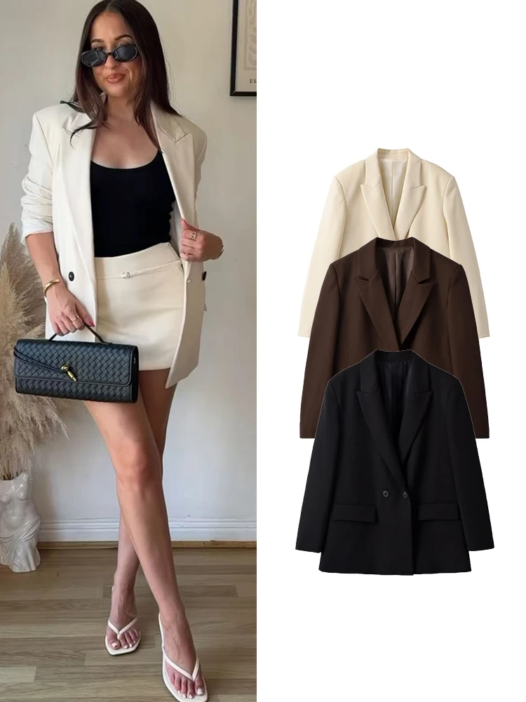 TFMLN Women Fashion Suit Coats With Pockets Double Breasted Blazer Simple Long Sleeves Notched Neck Office Ladies Outfits
