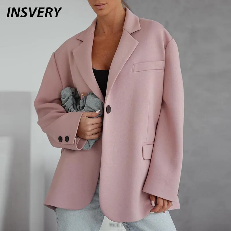 

Autumn Winter Single Button Blazer Woman Turn Down Collar Loose Khaki black Jacket Woman Casual Office Coats For Women Cardigan