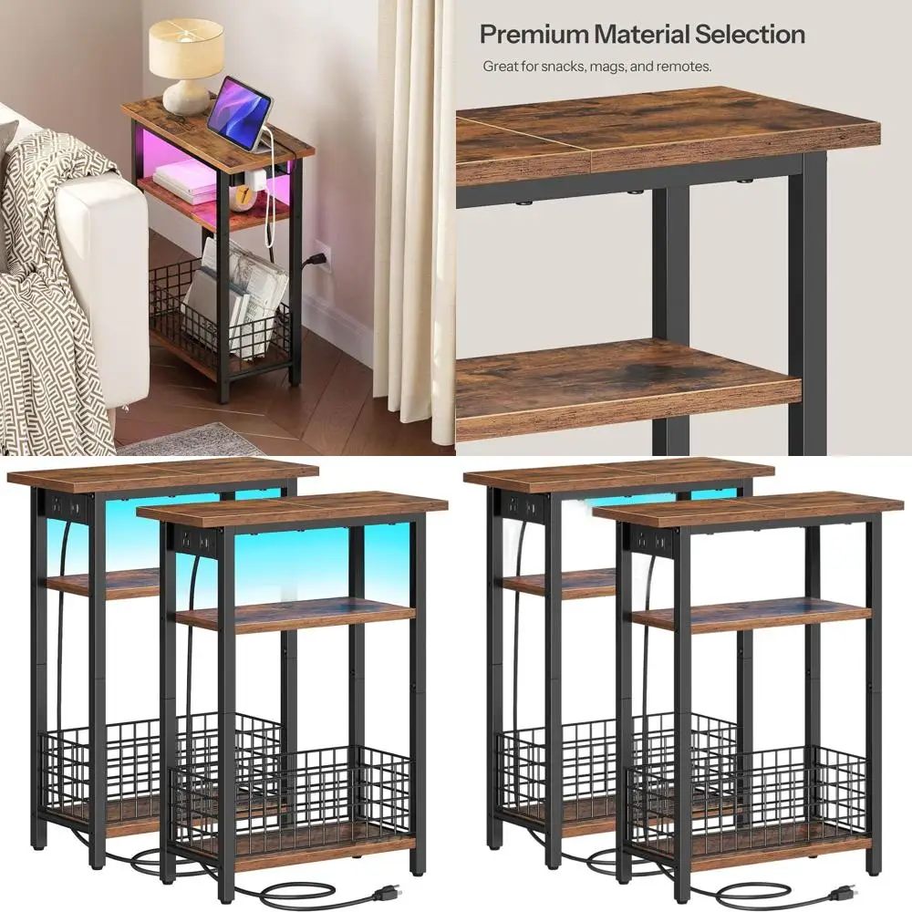 

Compact Charging Station Side Tables, LED-lit, Pair, Storage-Friendly Nightstands for Small Spaces, Rustic Brown