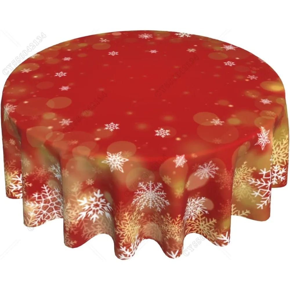 مفرش طاولة مستدير من رقاقات الثلج الشتوية، مفرش طاولة ثلج باللون الأحمر والذهبي والأبيض مقاس 60 بوصة لتناول الطعام في المطبخ، بوليستر لعيد الميلاد #1