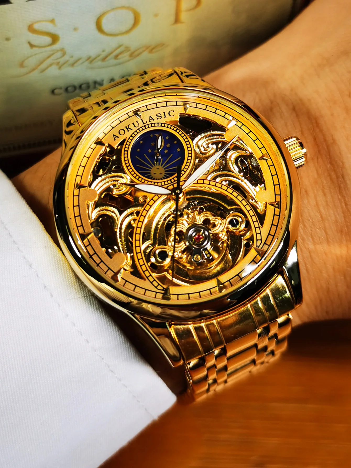 Gold  Vintage Moon Phase Automatic Watch for Men Tourbillon Skeleton Luminous Hands Luxury Brand Mechanical Watches Steel Strap