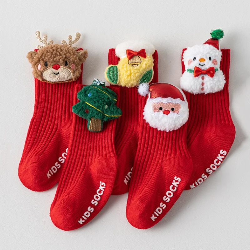 Red Christmas Baby Socks For Boy Girl Winter Warm Children Anti-Slip Floor Toddler Socks Xmas Cute Elk Tree Snowman Sock 0-3Year