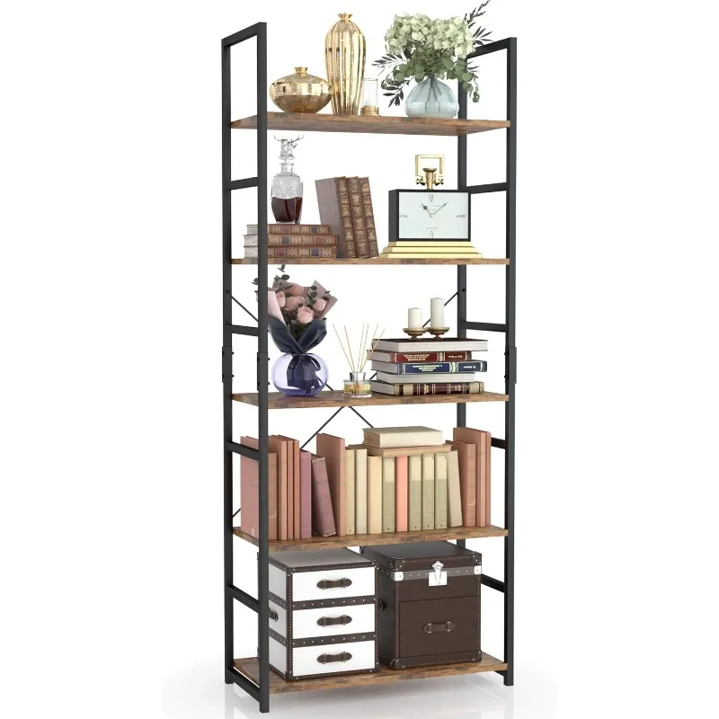 5 Tier Bookshelf, Tall Bookcase Shelf Storage Organizer, Modern Book Shelf for Bedroom, Living Room and Home Office, Vintage