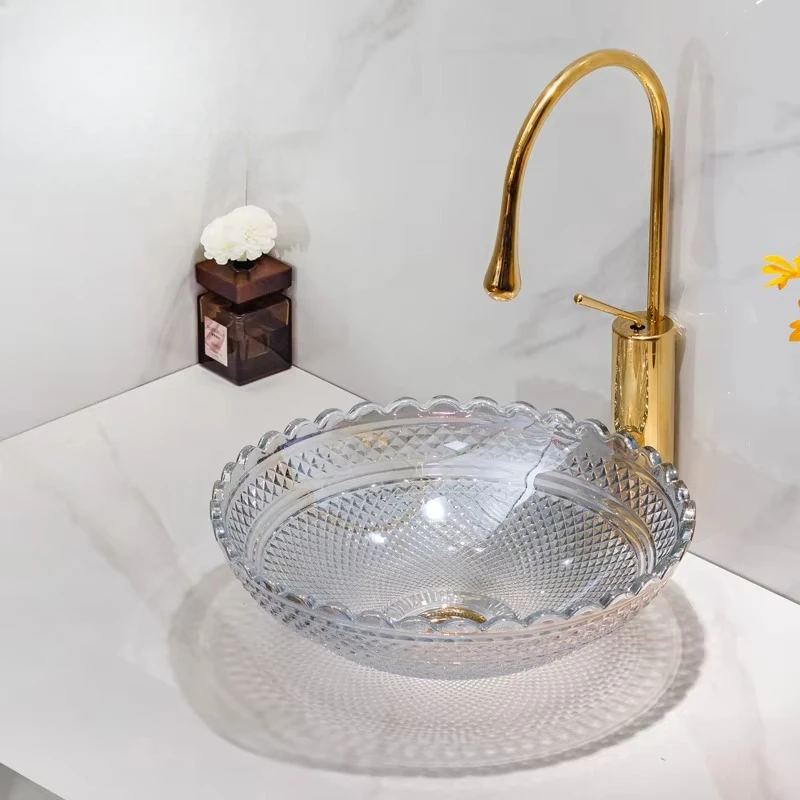 Modern matte white flower pattern wash basin single bowl countertop semi-rounded edge tempered glass 12L capacity bathroom