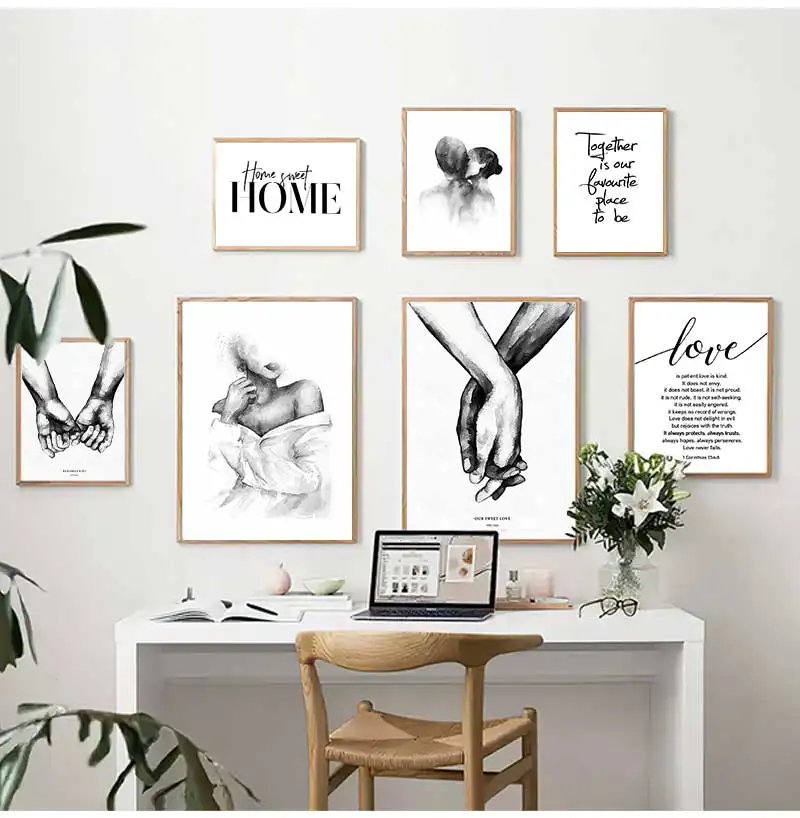 Love Quotes Painting Picture for Living Room Decor Nordic Black White Shoulder Kiss Hand Wall Art Canvas Poster Minimalist Print