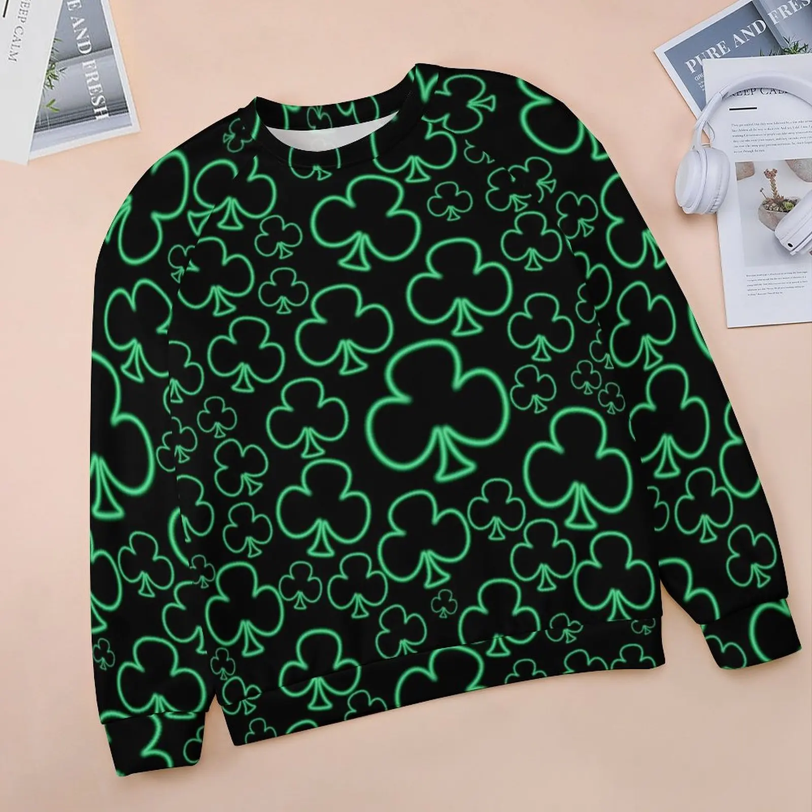 Cool Neon Shamrock Hoodies Female Leaves Print Streetwear Casual Hoodie Long-Sleeve Aesthetic Custom Clothing Large Size