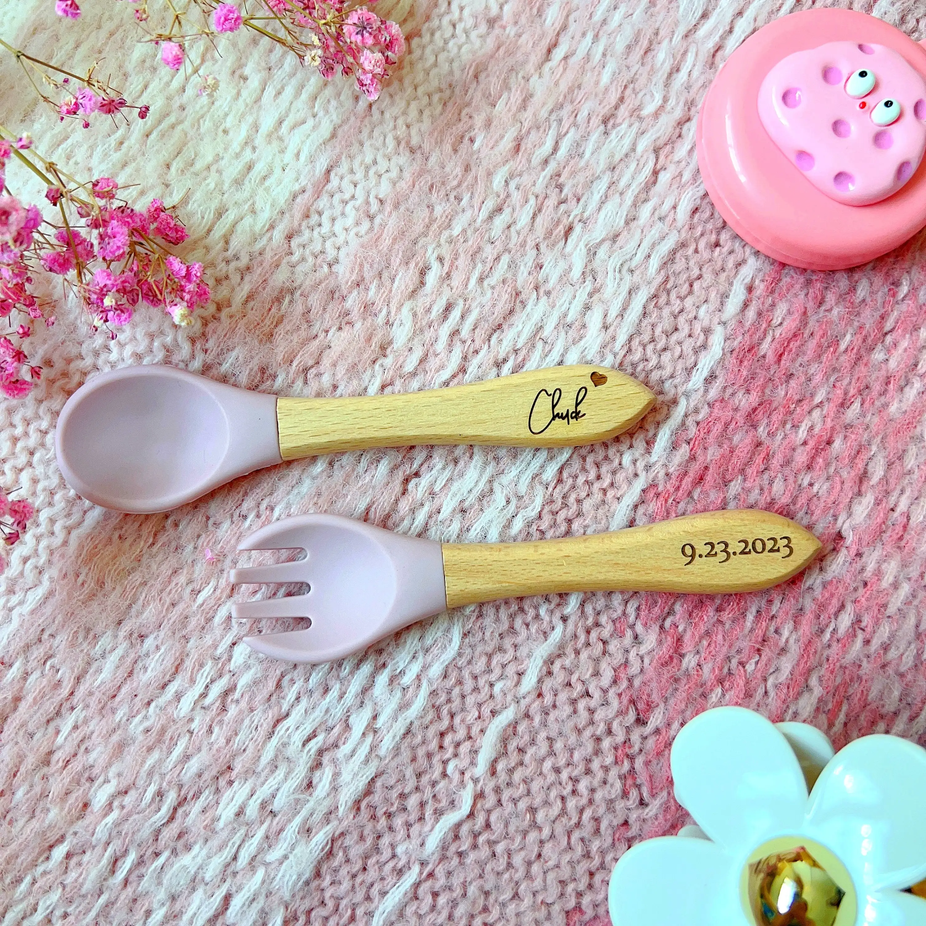 Personalised children\'s cutlery set Birth and Christmas gift Custom Wooden fork and spoon Newborn baby silicone meal set