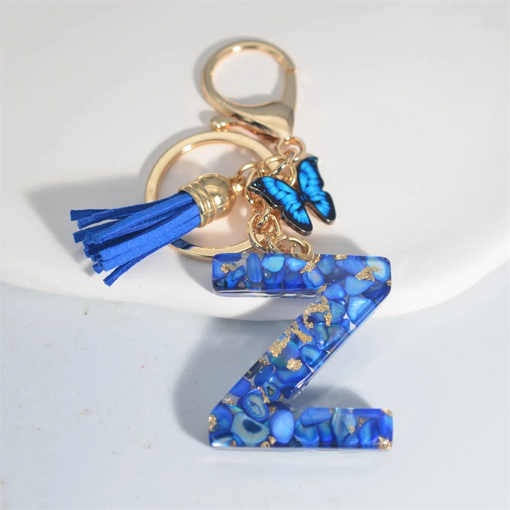 Modischer blauer glasierter Stein, A bis Z, Buchstaben-Schlüsselanhänger, 26 Initialen, Alphabet, Schmetterling, Quaste, Anhänger, Auto-Schlüsselanhänger, Damenschmuck, Geschenke
