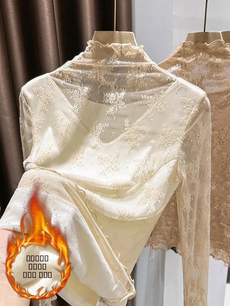 

Французская термофутболка с высоким воротником и кружевной отделкой, с эффектом «деревянных ушей», для женщин, осень-зима