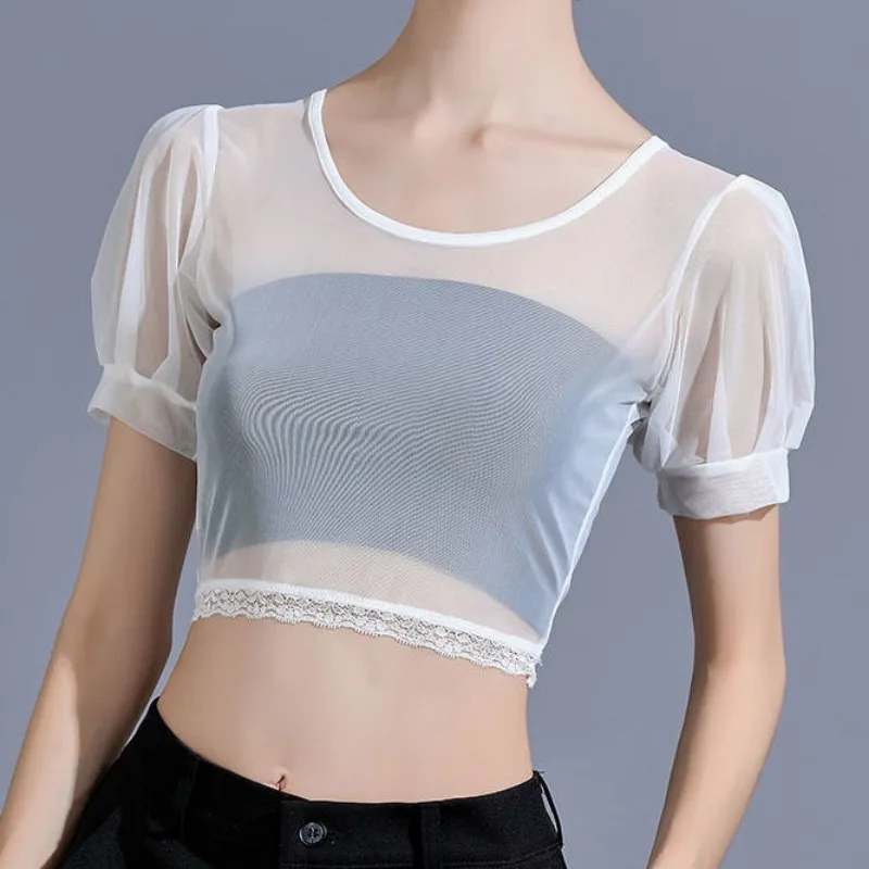 Women T-shirts Puff Sleeve New Summer Design Simple Elegant Inside All-match Slim Ulzzang Feminino Pure Sexy Crop Sweet Clothes