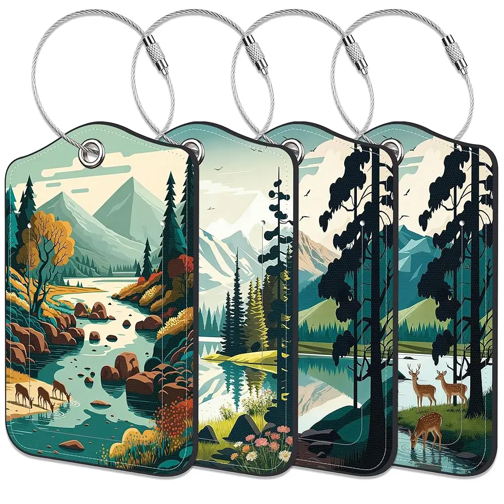 

Mountain Lake Scenery Luggage Tags 4 Pack Luggage Tags for Suitcases PU Leather Suitcase Tags with Privacy Cover ID Label and