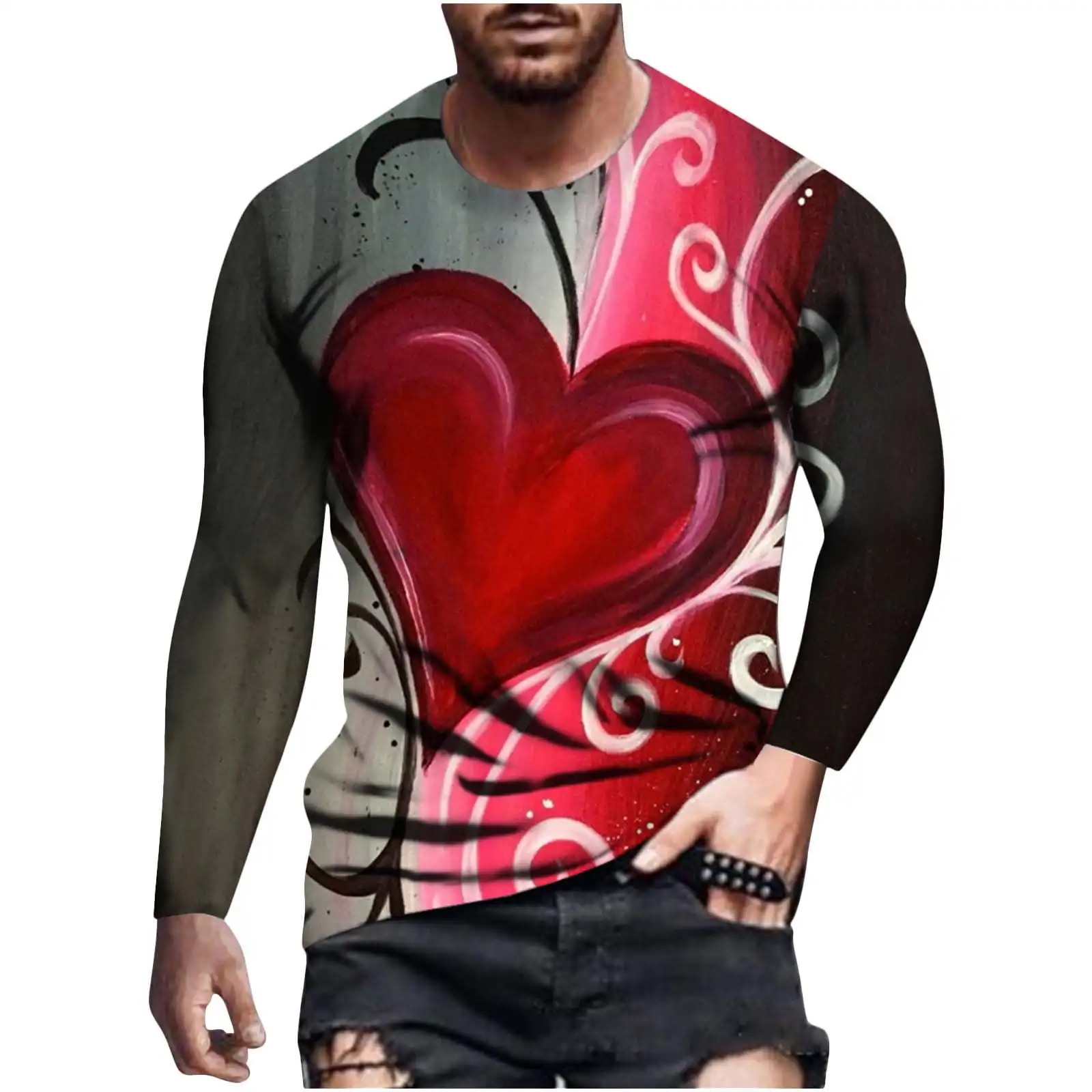 

2025Printed Love Heart Swirl Print Summer Men's Crew Neck T-Shirt Casual Long Sleeve Loose T-Shirt Fashion Pullover Men Clothing