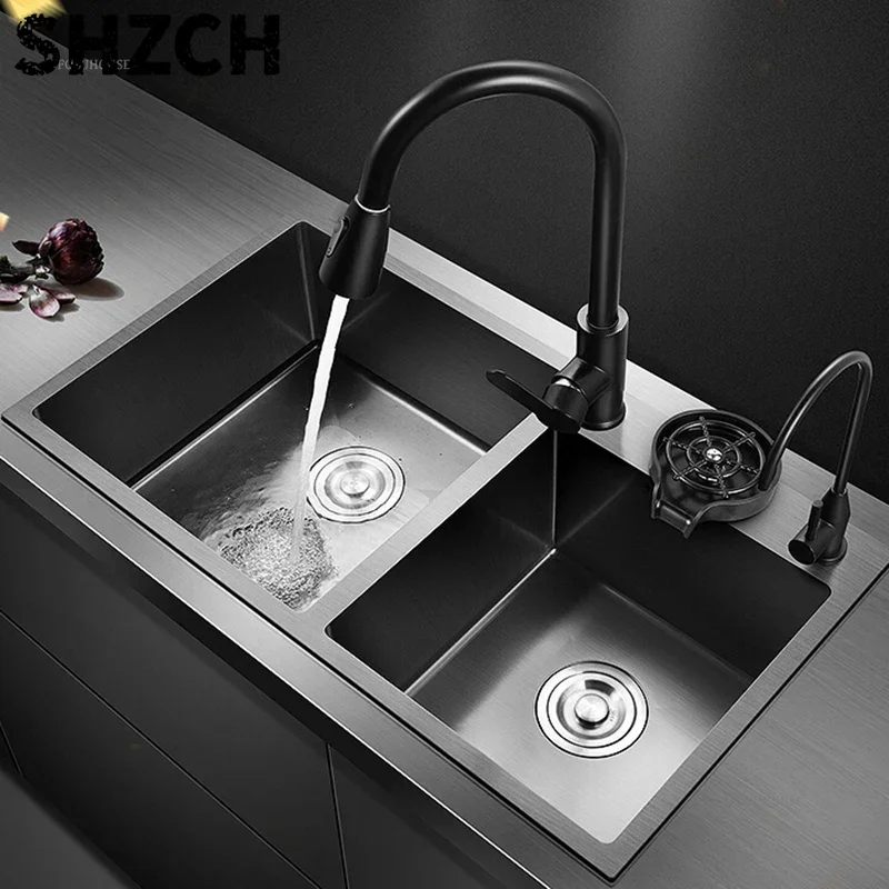 German Black Stainless Steel Double Bowl Kitchen Sink Large Capacity Creative Design Bar Countertop Household Balcony Install