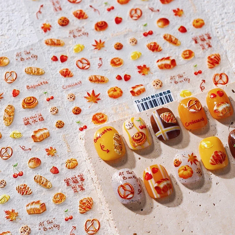 Maple Leaves 5D Nail Art Sticker Toast Croissant Cookies Bagels Reliefs Self Adhesive Strawberry Cherry Bakery Manicure Decal