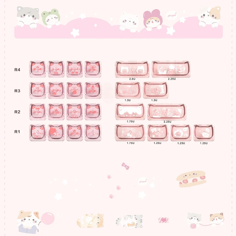 Cute Cat Theme Keycaps Set PC Cherry MAO Profile 26 Keys Custom Original Handmade Keycaps for Mechanical Keyboard Accessories