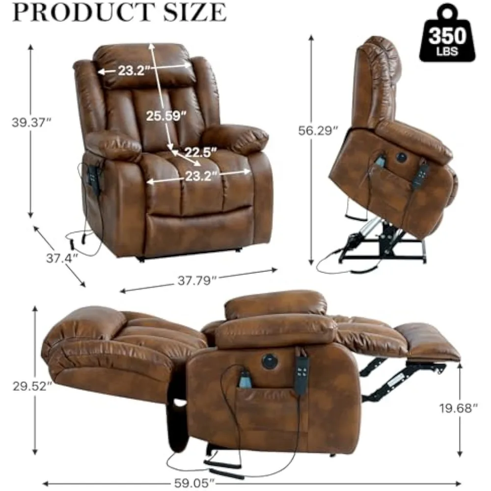 Dual Motor Breathing Leather Recliner, Infinite Position Power Lift Chair, Heating and Massage Function Elderly Recliner for Liv