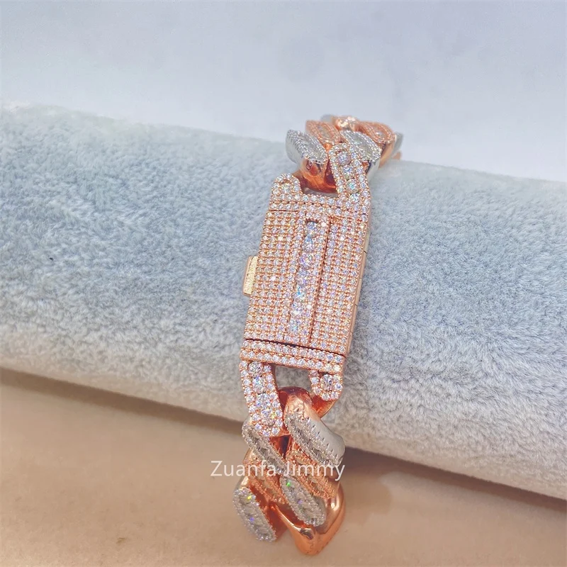 15mm Rose Gold White Gold Color Big Three Row Iced Out Moissanite Miami Hip Hop Jewelry Cuban Link Bracelet