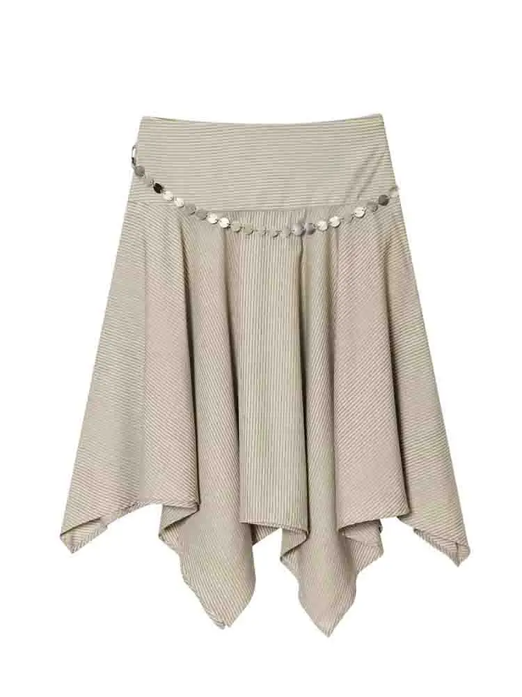 

European style new women's fashion versatile temperament simple striped belt asymmetrical midi skirt