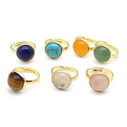 12mm Round Gold Alloy Healing Natural Stone Ring Tiger Eye Opal Pink Crystal Adjustable Joint Ring for Women Jewelry