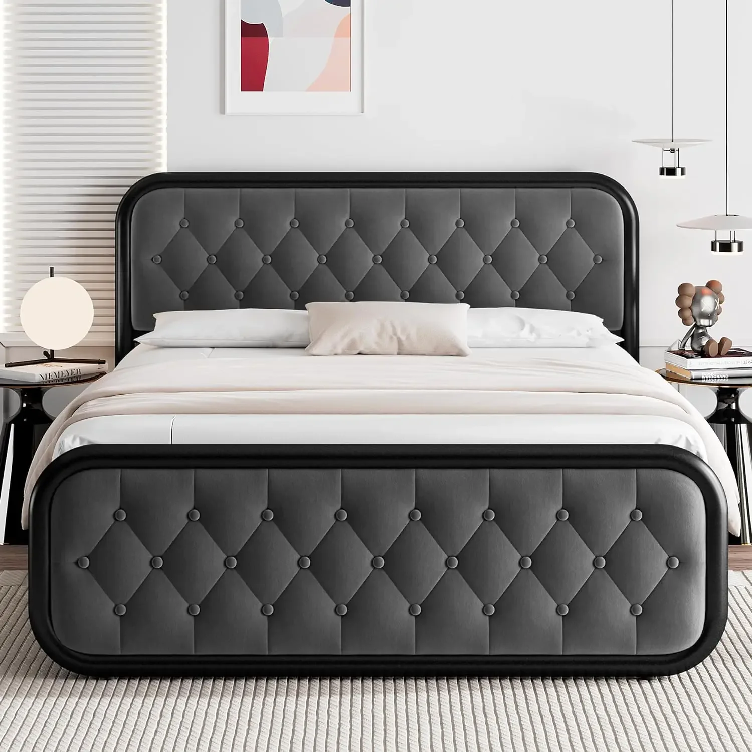 Metal Bed Frame with Button Tufted Headboard, Heavy-Duty Platform Bed Frame, Thicker Metal Steel Slats Support