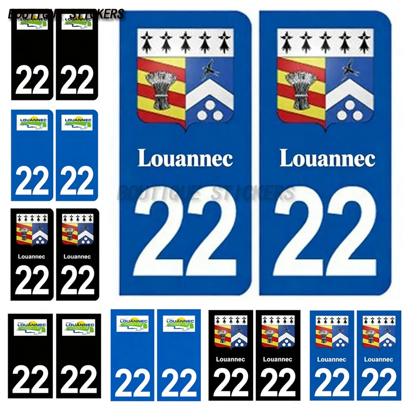

2Pcs Autocollant plaque d'immatriculation française noir bleu 22 Louannec logo blason Autocollants imperméables de PVCde voiture