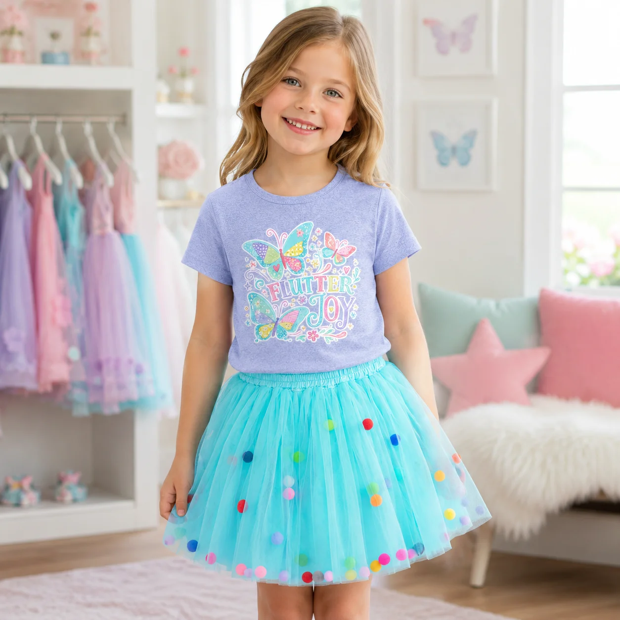 2-teiliges Sommer-Outfit-Set für Mädchen, Schmetterlingsdruck, kurzärmeliges Baumwoll-T-Shirt, farbiger Pom-Pom-Tüll-Tutu-Rock, Kleinkind-Prinzessin-Geburtstagsoutfit
