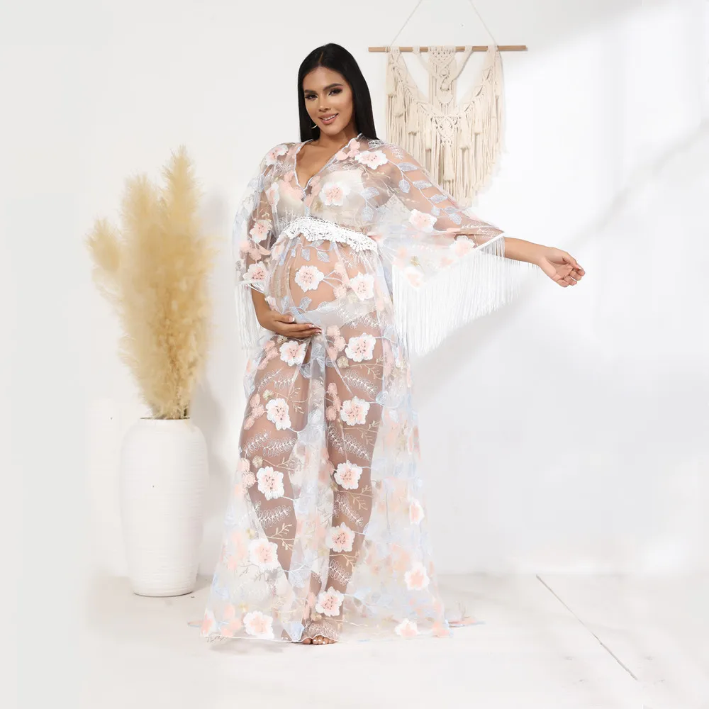 See Through Lace Boho Maternity Photography Long Dress Embroidery Bohemian Sexy Tull Pregnancy Photo Shoot Dresses