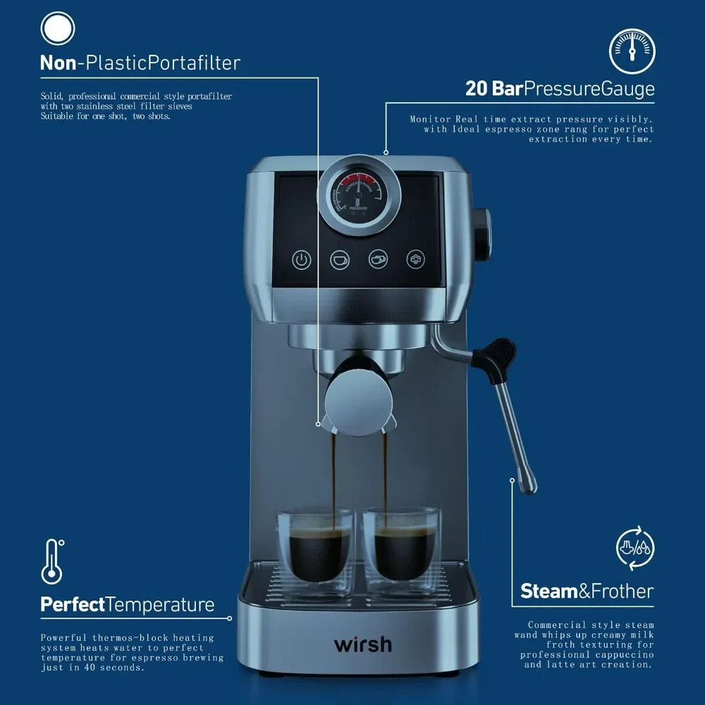 Espressomaschine, Drash 20-Bar-Espressomaschine, kunststofffrei, Espresso-Kaffeemaschine aus Edelstahl für Espresso/Latte/Cappuccino