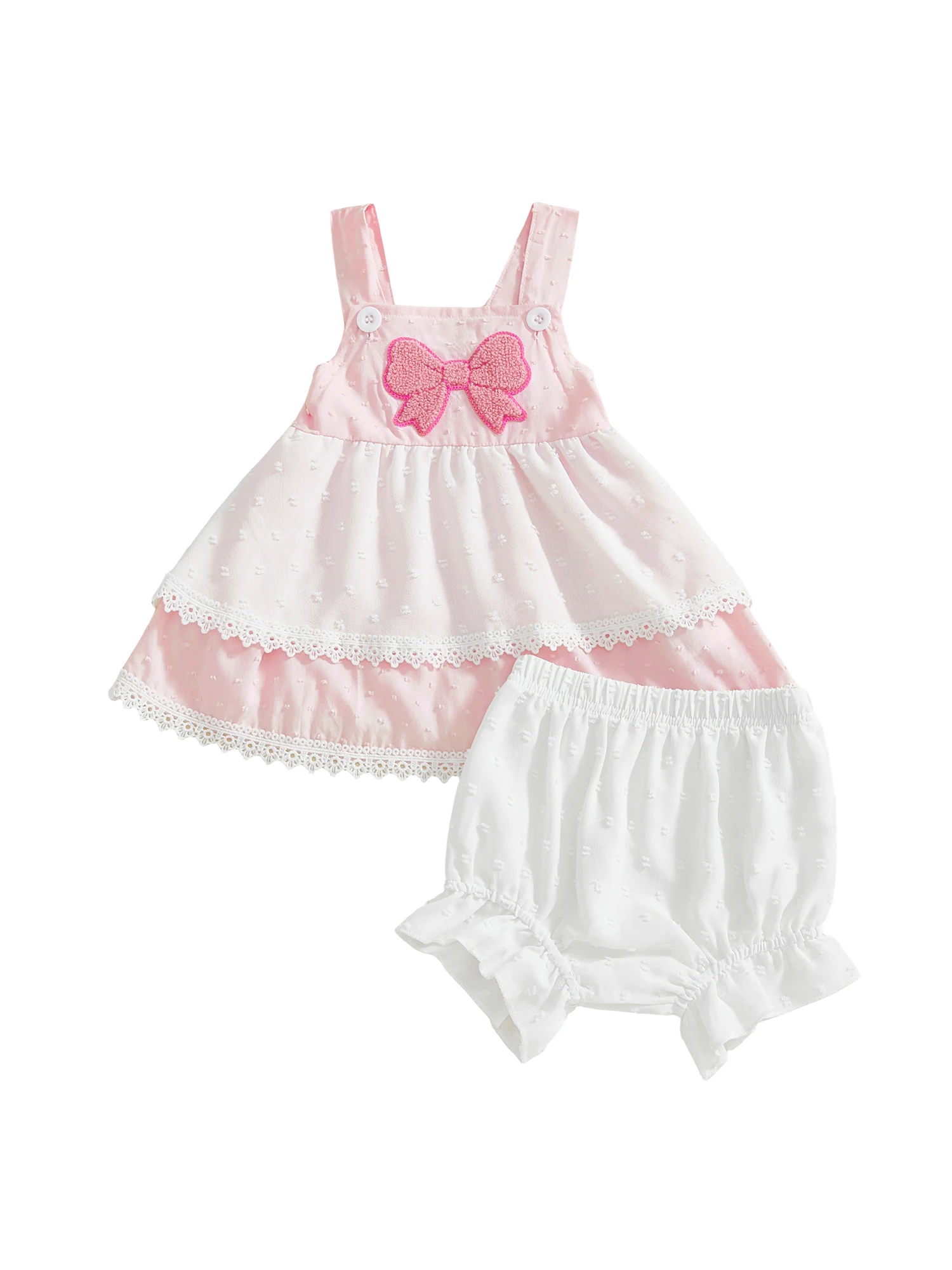 طقم رائع للفتيات الصغيرات مع قميص بدون أكمام بتفاصيل فيونكة وسروال قصير مكشكش ومطرز بالدانتيل مكون من قطعتين للصيف
