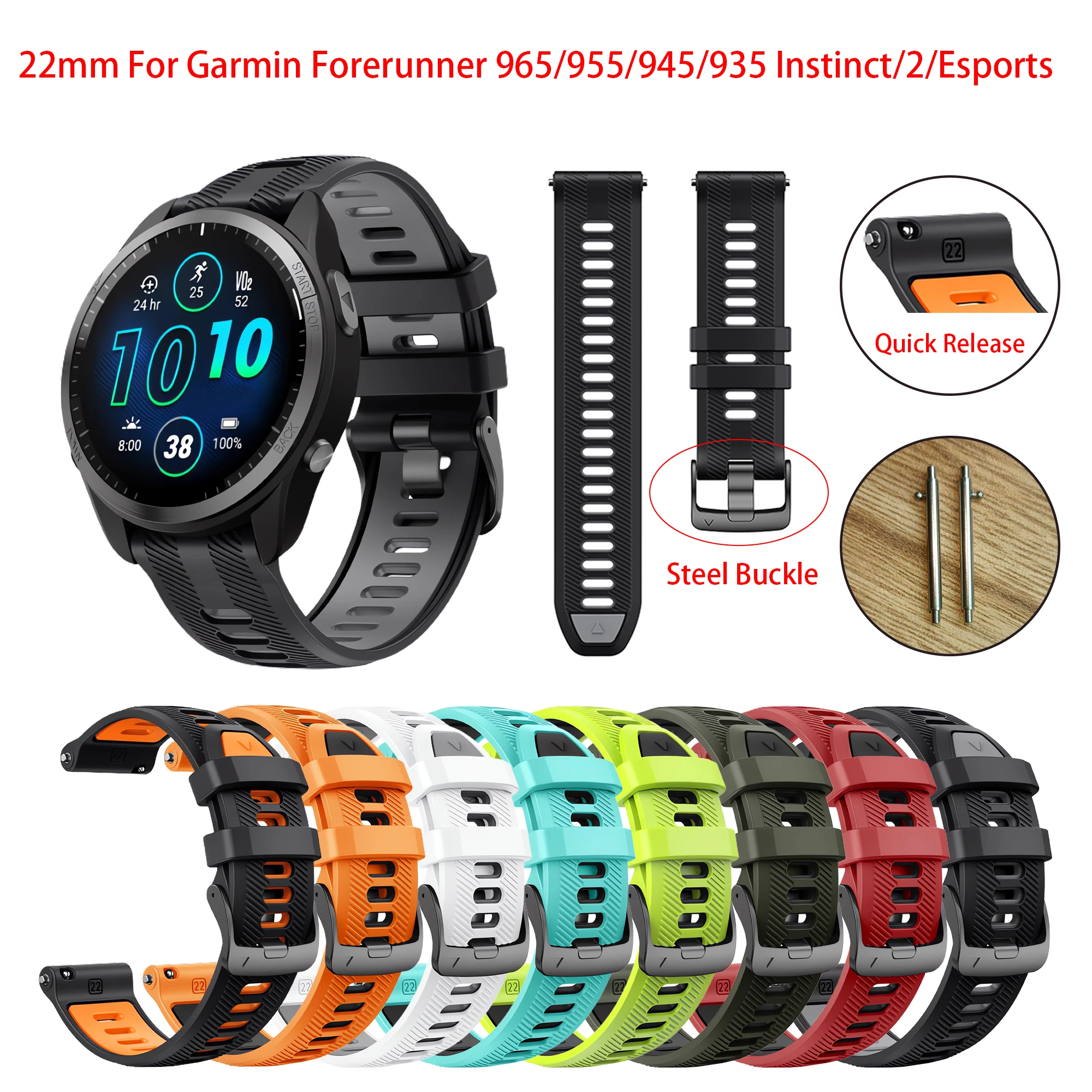 

Two-tone 22 Silicone Watch Band For Garmin Forerunner 965/955/945/935 For Instinct/2/Solar/Esports Quick Release Bracelet Straps