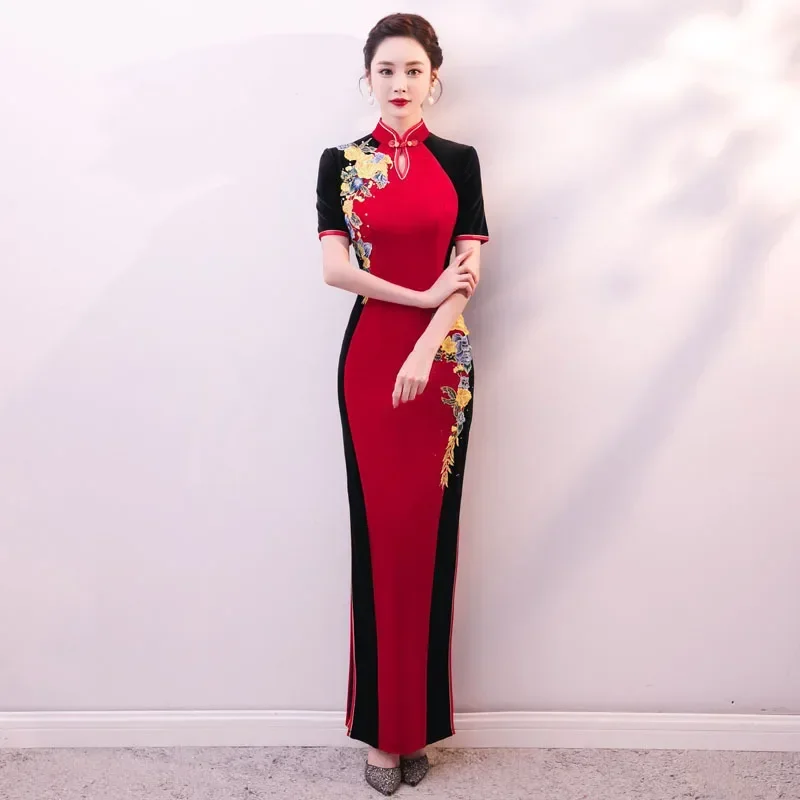 

Red Vintage Cheongsam Traditional Chinese Standing Collar Vestidos Slim Tight Dress Stage Performance Artistic Retro Qipao