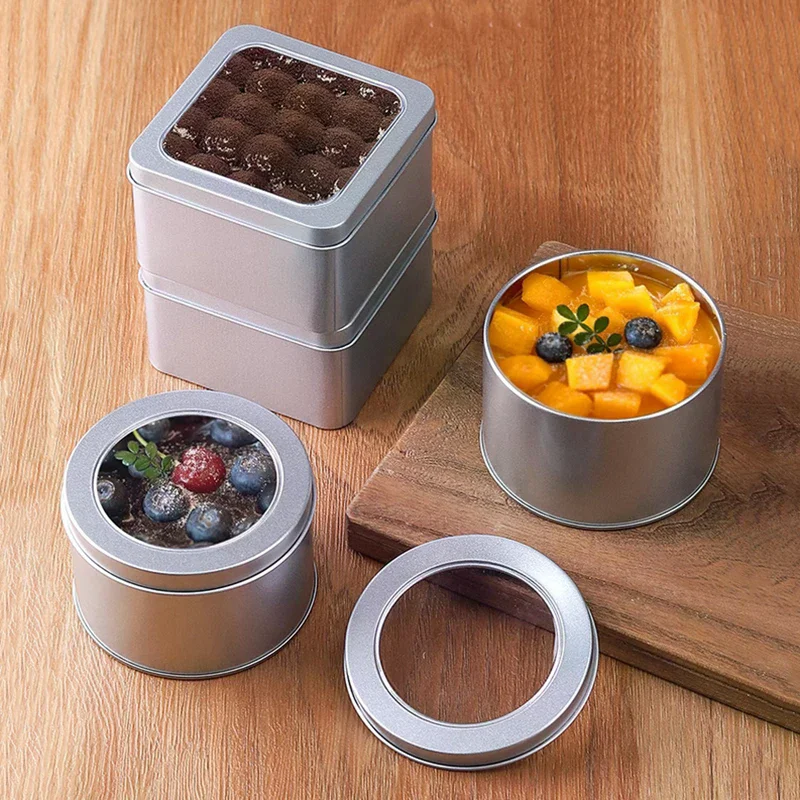Round Square Tinplate Box Clear Window Iron Storage Box Tea 