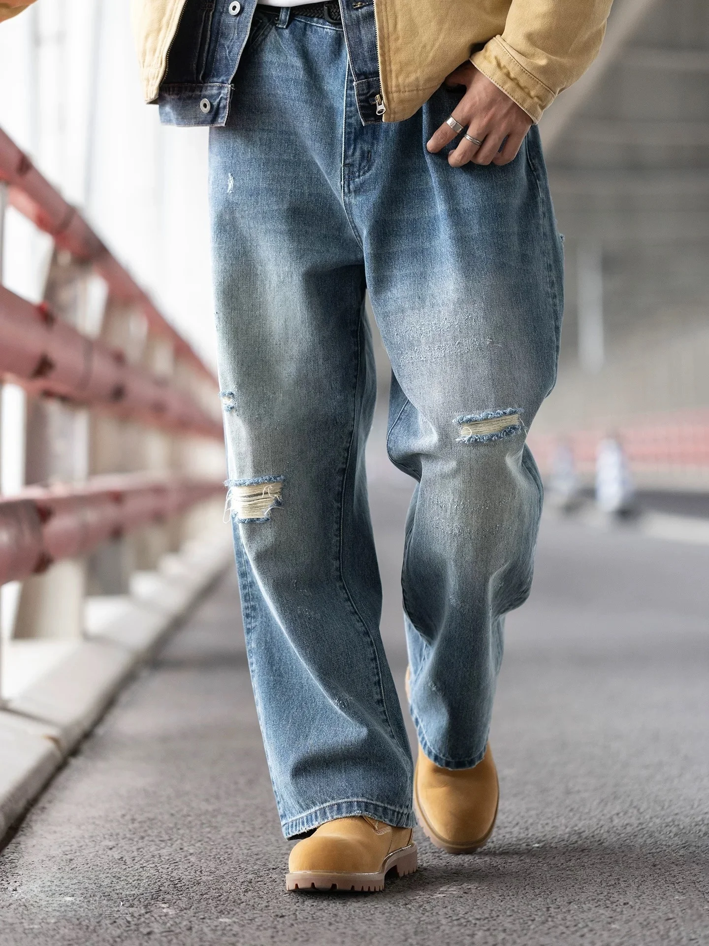

Mra Vintage Washed Nevada Soft Jeans Men's Casual Loose Straight Leg Torn Irregular Light Blue Denim Pants