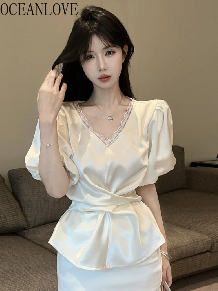 

OCEANLOVE Puff Sleeve Short Blouses Solid Lace Ruffles Sweet Spring Summer Women Shirts Korean Fashion V Neck Blusas Mujer