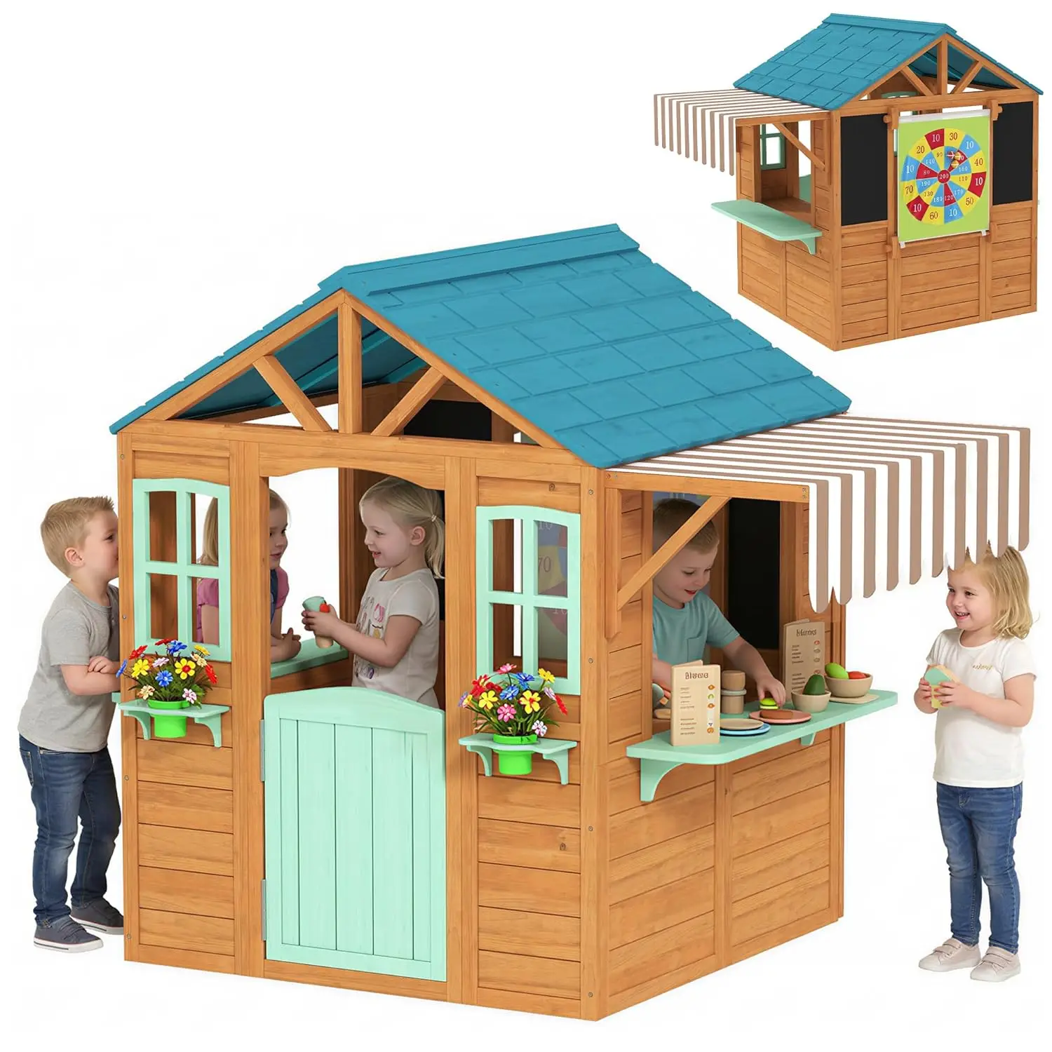 Wooden Backyard Kids Playhouse with Snack Bar Half Door Windows Flowerpot Chalkboard Tossing Game for Age 3 to 6