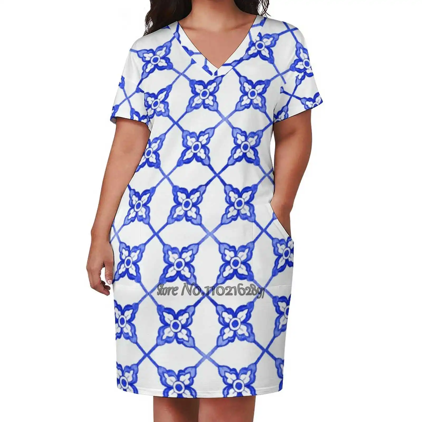 Portuguese Azulejo Tiles. Gorgeous Patterns. Sexy V-Neck Dress Fashion Casual Printed High Quality Short Sleeve Skirt 5Xl Tile