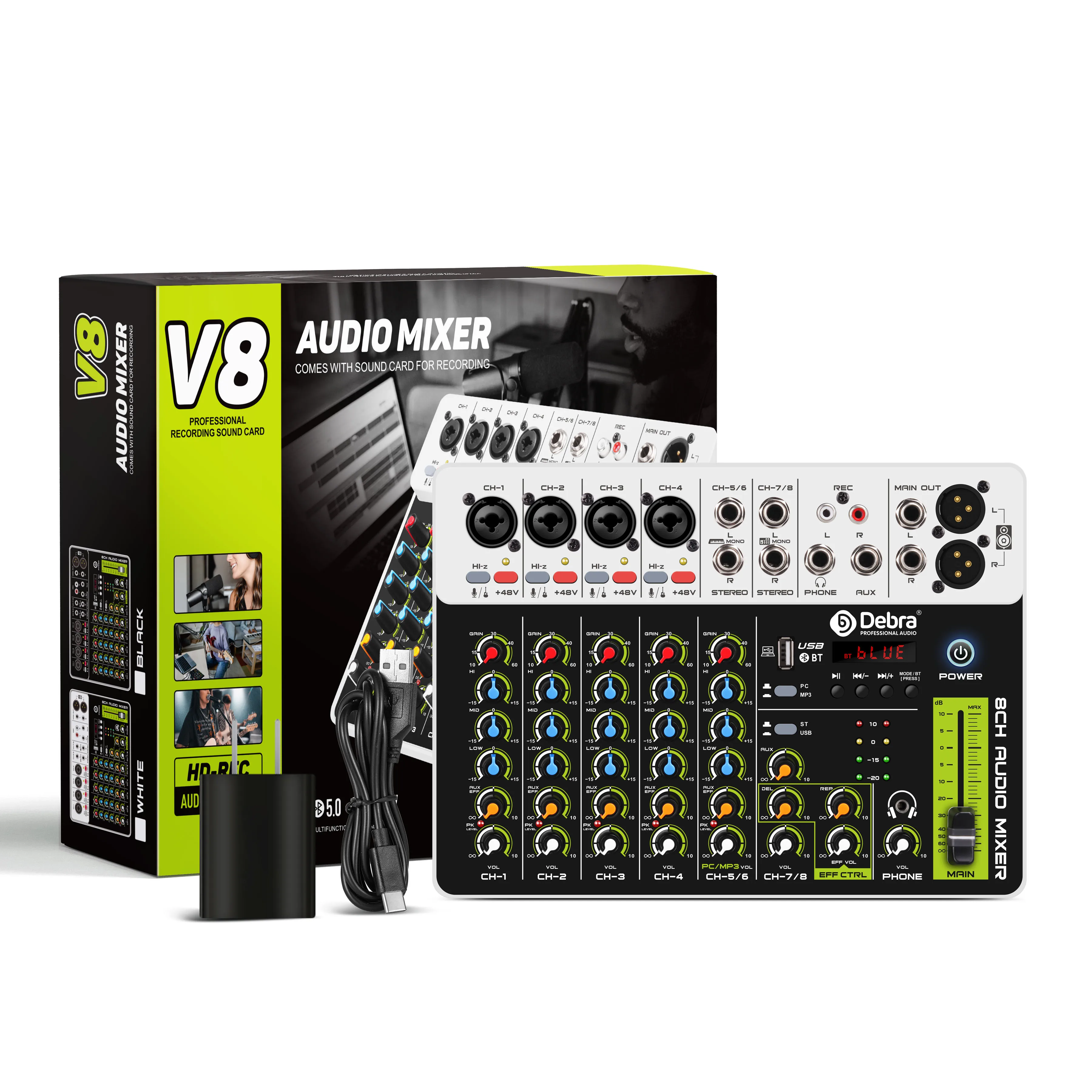 8 Channels Audio Mixer With Bluetooth USB 48V V8 Phantom Power Delay Repaeat Effect  For Sound Mixing Console PC Recording