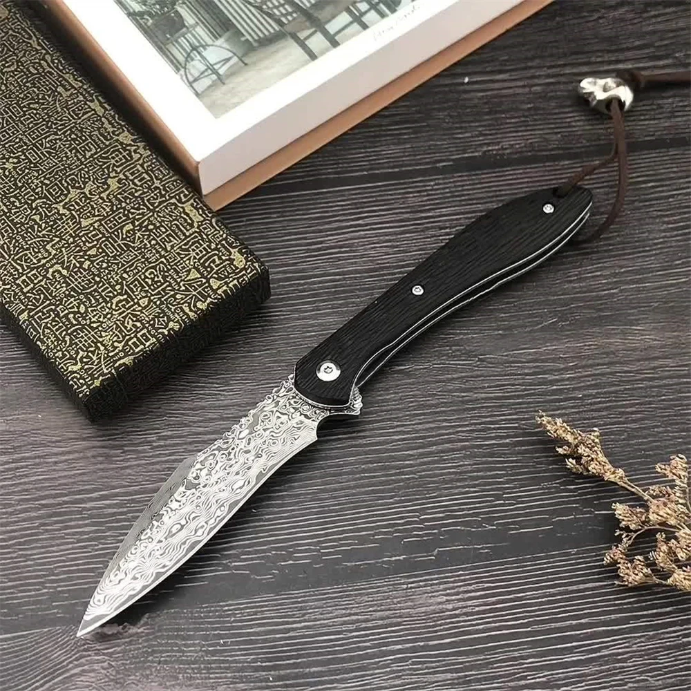 

Folding Tactical Knife Damascus Blade Ebony Handle Combat Portable Pocket Knives Utility Survival Hunting Rescue Tool