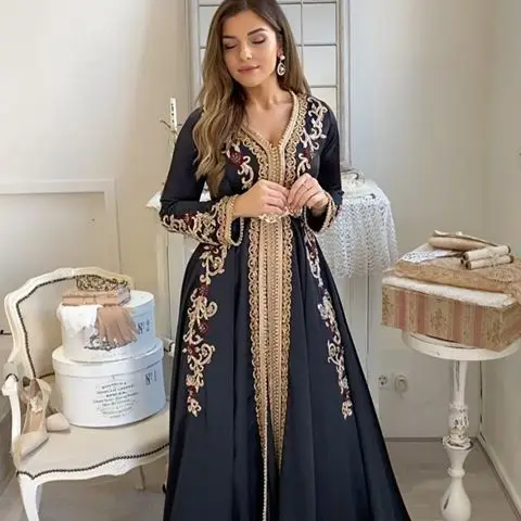 Black Moroccan Kaftan Muslim Evening Dresses A-line V-neck Long Sleeves Appliques Dubai Arabic Turkey Caftan Abaya Islamic Gown