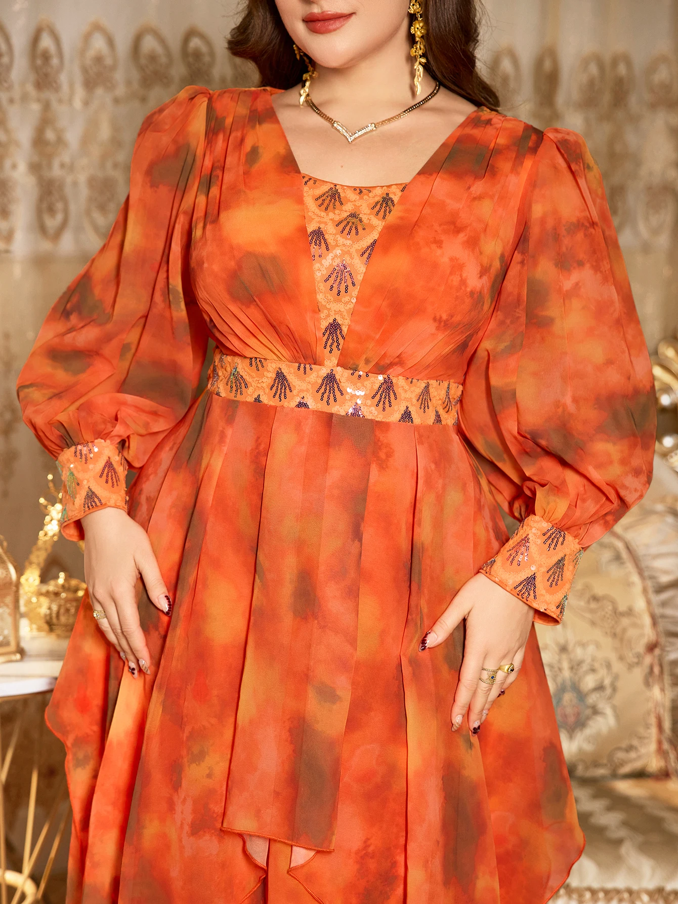 UNITHORSE Abito da sera in chiffon multicolore con stampa casuale, colletto quadrato, manica a lanterna, perline di lusso impreziosite