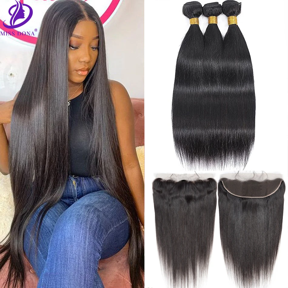 30 32 38 40 Inch Straight Brazilian Hair Weave Bundles With 13x4 Lace Frontal Human Hair Bundles Closure Remy Hair Extension