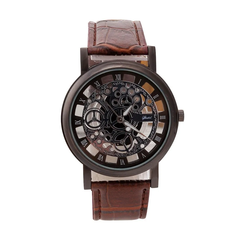 

Men Vintage Luxury Watches Unique Hollowed-out Stainless Steel Dial Quartz Military Sport Leather Band Wrist Watch Reloj Hombre