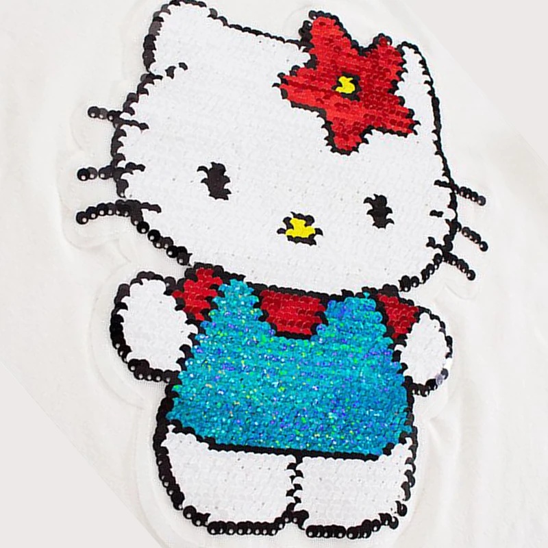 Sanrios Hellokittys Anime Kawaii Summer Kids Cotton Short-Sleeved T-Shirt Clothes Sequin Variable Pattern Girls Half-Sleeved Top