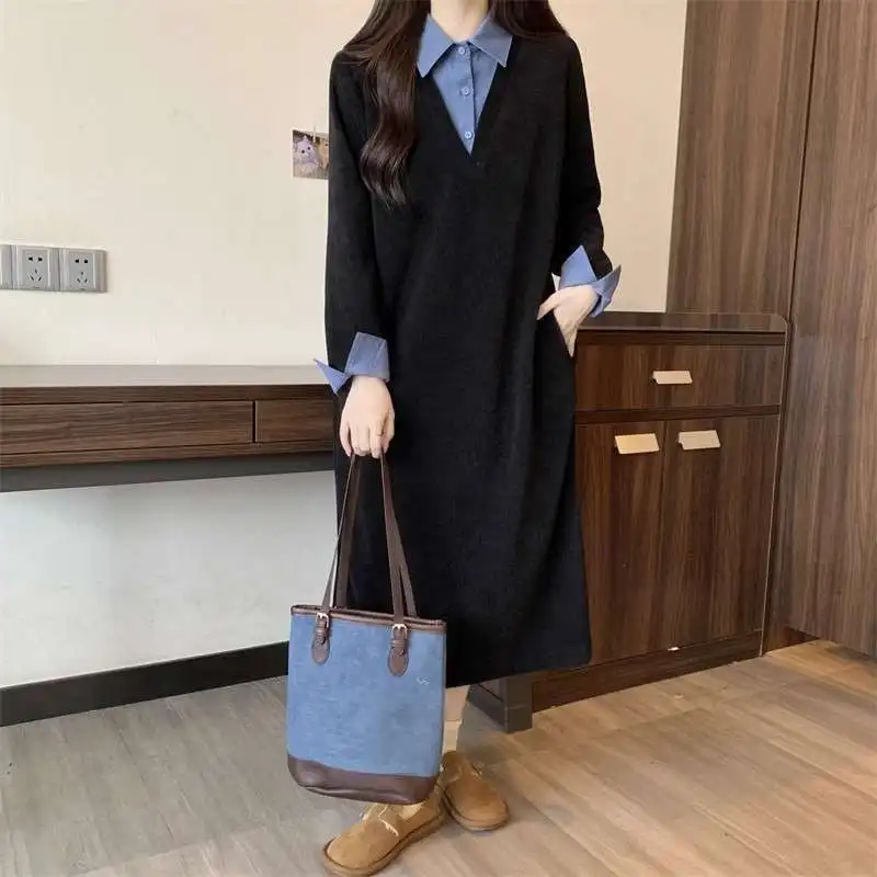 

Design Sense Fake Two Items Dress Women Autumn Lazy Wind Panelled Turn-down Collar Shirt Patchwork Loose Temperament Midi Dress