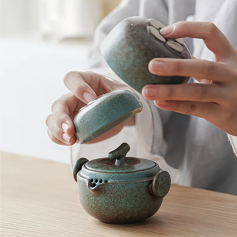 Japanese Style Portable Travel Ceramic Tea Set Handcrafted Tea Pot with 2 Cups And Carrying Case for Tea Making