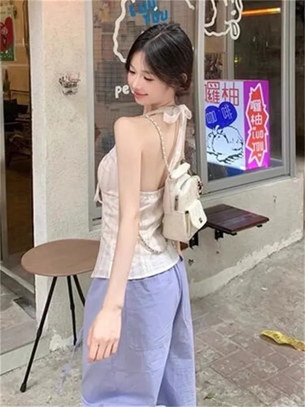 2026 Summer Pink Backless Halter Cami Women Tie Up Sleeveless Y2K Going Out Top