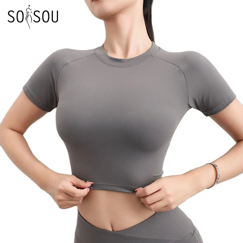 SOISOU Nylon Top Women T-shirt Gym Yoga Shirts Fitness Tight Elastic Breathable Sports Top Womens Clothing 4 Sizes 5 Colors