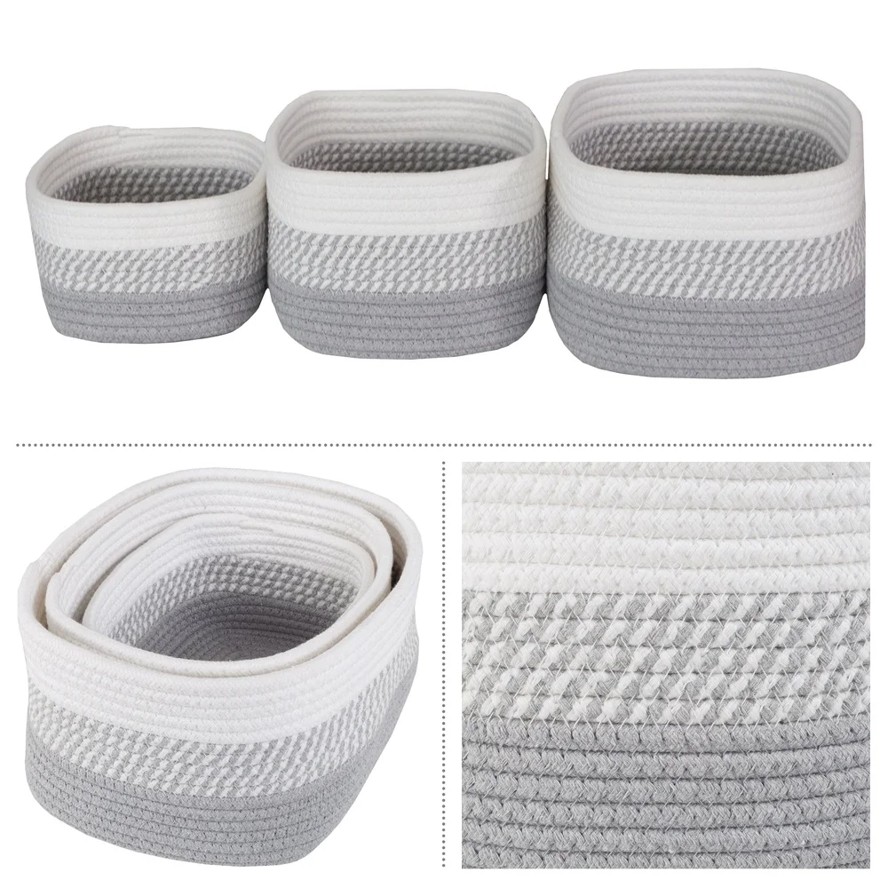 Set of 3 Woven Cotton Rope Storage Baskets Nursery Office Closet Organization Durable Foldable Bins Machine Washable Modern